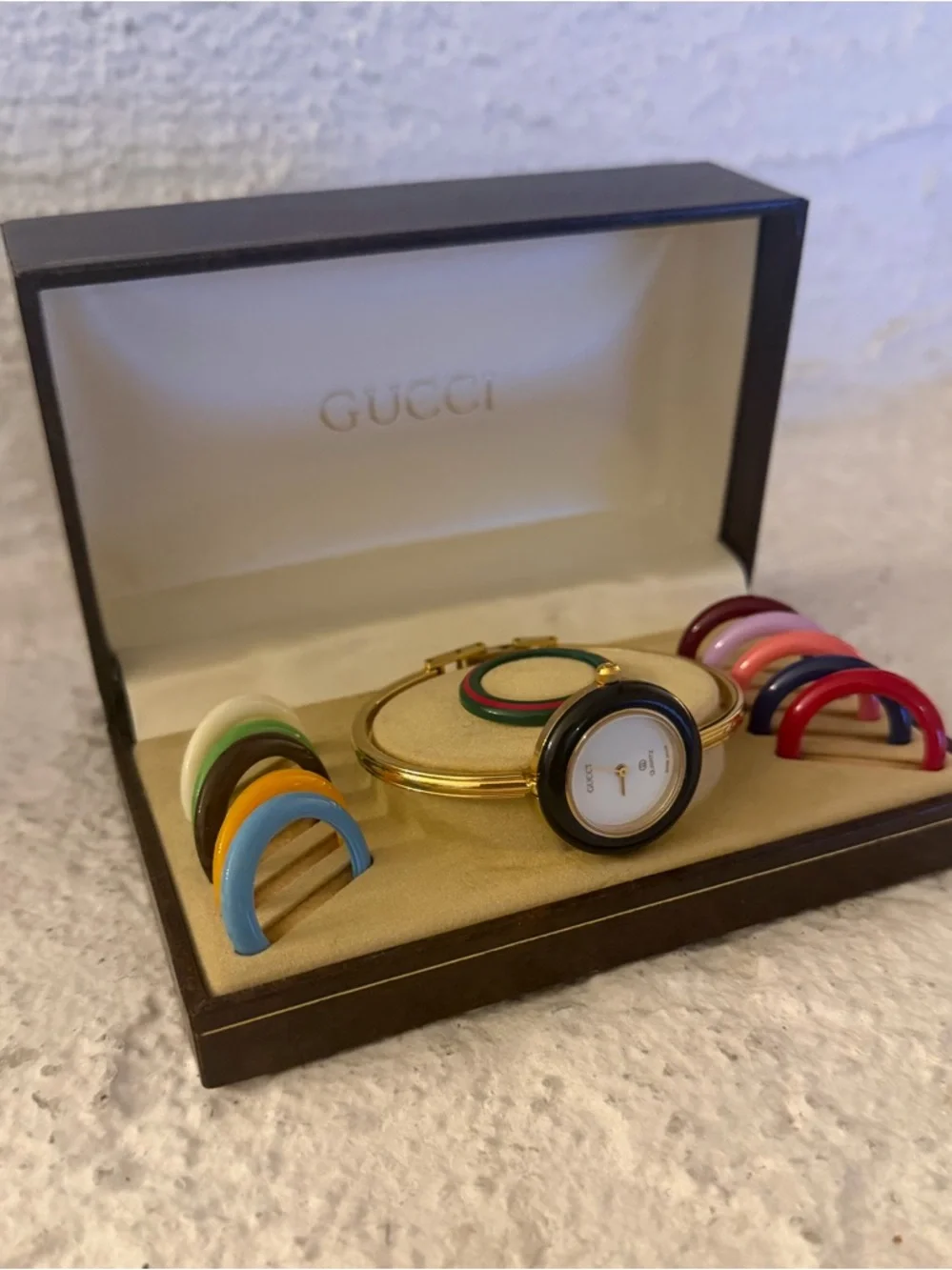 Gucci Gold Bangle Watch with Interchangeable Colorful Inserts - Picture 1 of 7